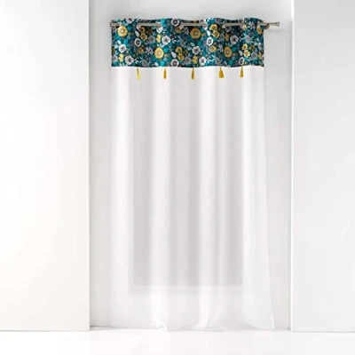 Image de douceur d&#039;intérieur, Voilage à Oeillets (140 x 240 cm) Bohoflora Bleu, Voile Sablé Finition Top Imprimé et Pompon