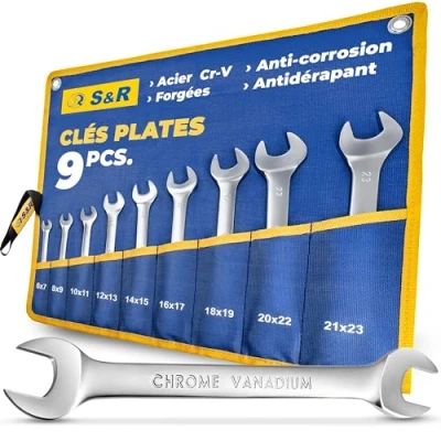 Image de S&amp;R Jeu de 9 Clés Plates 6 23 mm. Clefs à Fourche Double Qualité Industrielle