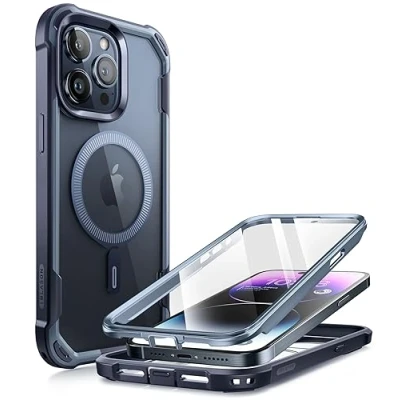Image de i Blason AresMag Coque pour iPhone 15 Pro Max (2023) 6,7&#039;&#039; [Magsafe Compatible] Protection Intégrale Pare Chocs Airbags Antichoc Transparent avec Protecteur d&#039;Ecran Intégré (Bleu)