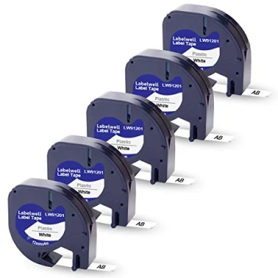 Image de Labelwell 5x Compatible Rubans Remplacement pour Dymo 91201 S0721610 12mm Noir sur Blanc LetraTag 200B LT100H S0883990 S0883980 LT 100H Plus 100T 110T QX 50 XM 2000 XR Etiqueteuse