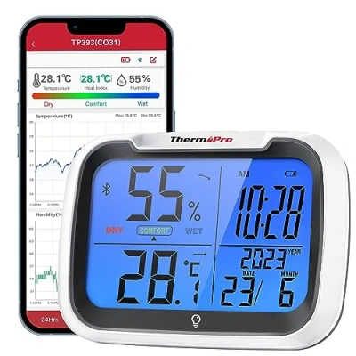 Image de ThermoPro TP393B Thermometre Interieur avec Horloge pour la Maison, Synchronisation Automatique des Données Via Bluetooth, Rétroéclairée Chambre à Coucher, Bureau