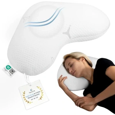 Image de Oreiller Ergonomique Twist avec Housse innovante Intense, en Mousse à mémoire de Forme Contre Les douleurs cervicales, Coussin Cervical pour Dormir sur Le côté &amp; hypoallergénique (Blanc)