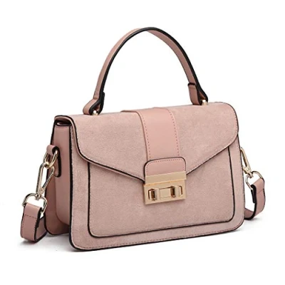 Image de Miss Lulu Sac à bandoulière pour femme Avec poignée supérieure en cuir synthétique et daim Style vintage rabat Décoration ovale métal Élégant exquis(Bleu)