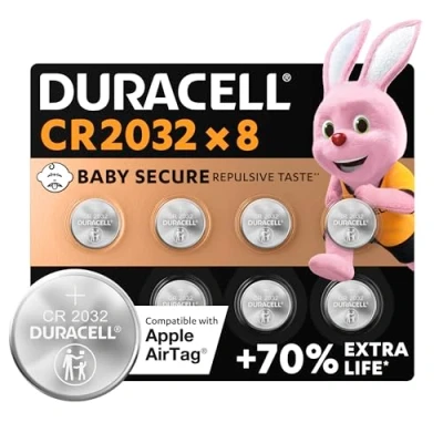 Image de DURACELL CR2032 Piles Boutons au lithium 3V (lot de 8) Jusqu’à +70 % longévité Technologie Sécurité Enfant Recommandées pour l’AirTag d’Apple Emballage