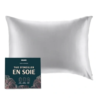 Image de DREAMZIE Taie d Oreiller en Soie 100% Naturelle de mûrier pour Les Cheveux et la Peau 19 mm des Deux côtés 1 unité Gris Argenté 50x70 cm