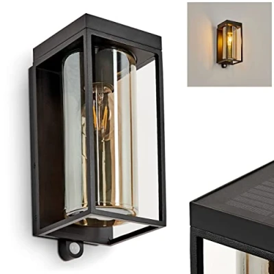 Image de Applique d&#039;extérieur Palanga, lampe en métal noir et 2 verres (ambre/clair), murale avec détecteur de mouvement pour terrasse/entrée, 1 x E27, effet lumineux, sans ampoules
