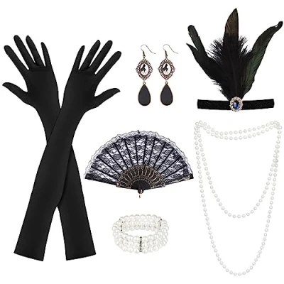 Image de KEWUZY Accessoire Année 20 Femme 6 Pièces, Accessoires Gatsby Costume Set, Charleston Femme, 1920 Set avec Ventilateur Manuel pour Mascarade Halloween Noël Carnaval