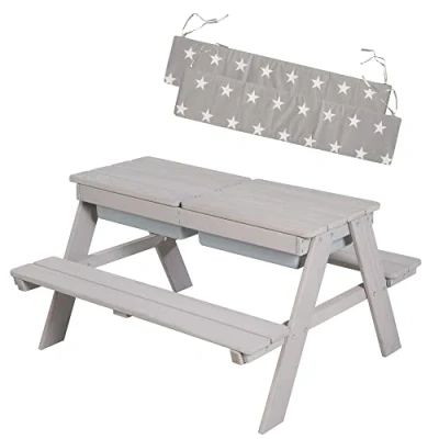Image de roba Table Pique nique pour Enfants Play en Bois Massif avec 2 Bacs à Sable et Eau Intégrés + Coussins Résistante aux Intempéries Gris