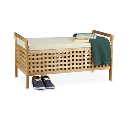 Image de Relaxdays Banc de rangement en bois noyer banquette assise coffre meuble à chaussure commode coussin HxlxP: 46,5 x 92,6 49 cm, blanc et couleur naturelle