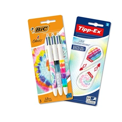 Image de Set de bureau BIC Tye Die, Avec 3 Stylos 4 Couleurs à Pointe Moyenne (1 mm) et 1 2 Souris Correctrices Blanches,