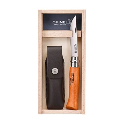 Image de OPINEL N08 Carbone et Étui Alpine Couteau Pliant de Poche Coffret Bois Lame Acier 8,5 cm Manche en