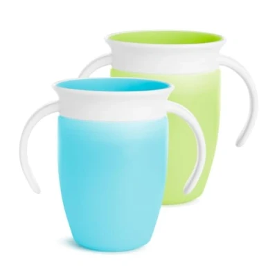 Image de Munchkin Tasse d’Apprentissage Miracle 360, Gobelet Bébé, Enfant sans BPA avec Poignées, Magique Antifuites, Compatible Lave Vaisselle, 6 mois et plus 207 ml, Lot de 2, Bleu/Vert