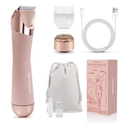 Image de SUPRENT Tondeuse de bikini pour femme Épilation indolore imperméable humide et sèche Rasoir 2 en 1 poils pubiens du visage électrique sans fil avec USB C rechargeable Rose