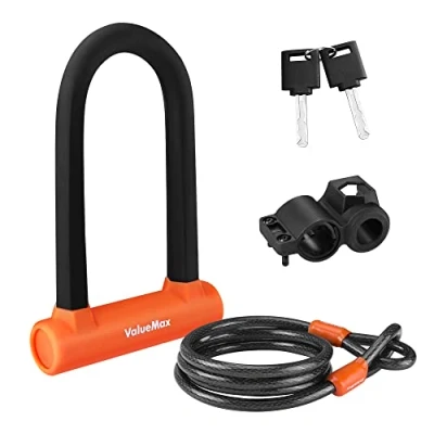 Image de ValueMax Antivol en U pour Vélo, de Vélo Noir avec 1,8 m Câble, Serrure Support Montage Robuste, Idéal Bicyclette, Scooters, etc