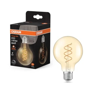 Image de OSRAM Vintage 1906 Globe est une blanc chaud et dimmaben forme de bouavec un filament en spirale. Il offre 8 W pour 806 lm,E27, verre doré, diamètre 80 mm, 2200 K, EEK F.