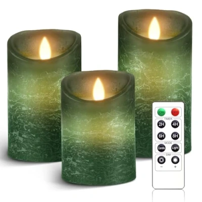 Image de AnnSpa 3 Set Bougies LED sans Flamme Fonctionne sur Batterie avec Télécommande, Vraie Cire Flickering Moving Mèche Scintillante Lumière Jaune Ambre, non Parfumée pour Cadeau et Décoration Green