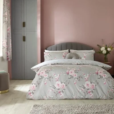 Image de Catherine Lansfield Canterbury Parure de lit Double réversible avec Housse Couette et taies d&#039;oreiller Motif Floral Gris
