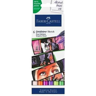 Image de Faber Castell 164810 Goldfaber Sketch Marker Graphic Novel, étui de 6 marqueurs à alcool avec pointe Brush et Fineliner