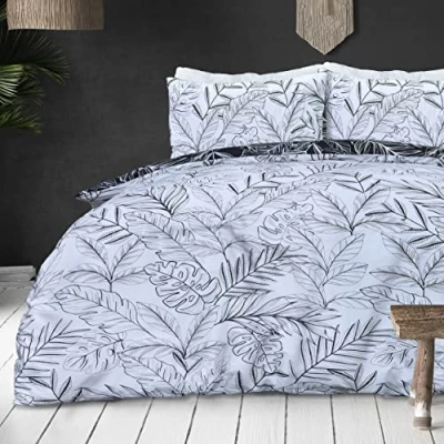 Image de Sleepdown Parure de Lit réversible avec Housse Couette et taies d&#039;oreiller Motif Palmier Tropical Blanc Noir Super King Size (260 x 220 cm)