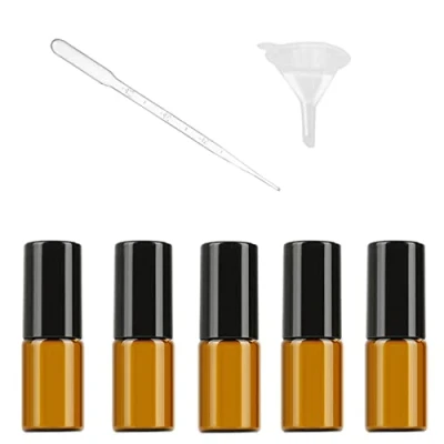 Image de NA Lot de 5 flacons à bille rechargeables en verre ambré marron 3 ml avec boules acier inoxydable Inclus 1 entonnoir et pipette plastique