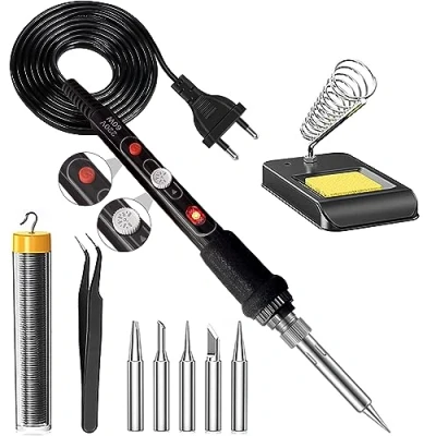 Image de Fer à Souder Kit, 60W Electrique Temperature Réglable200 450℃ avec Interrupteur ON/OFF, 5PCS Conseils de Soudage, Fil Soudure, Station Pincettes(Black)