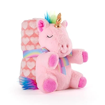Image de Couverture Bebe avec Animal en Peluche Douce Plaid Rose Doudou Licorne Petit Enfant 0 1 2 3 Ans Cadeau de Naissance Fille Tissu Moelleux Chaud 120x80 cm Perletti (Licorne Rose)