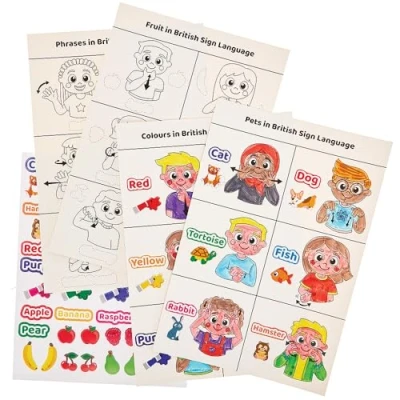 Image de Baker Ross FN117 Apprendre la langue des signes Scènes autocollantes Pack de 4, aides à l&#039;enseignement STEM pour les écoles et salles classe