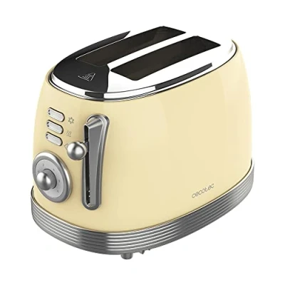 Image de Cecotec Toast &amp; Taste 800 Vintage Light Yellow. 850 W, double fente courte extra large de 3,8 cm, 2 toasts, finitions en acier inoxydable, style vintage, 3 fonctions, jaune