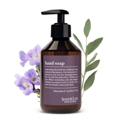 Image de Jean &amp; Len savon pour les mains Marrakech Garden, nettoie abîmées, convient un usage quotidien, liquide en distributeur à pompe, parfum chaud et apaisant, végétalien, 250 ml