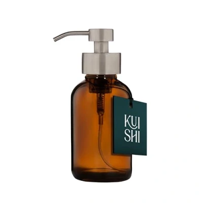 Image de Kuishi Distributeur de savon liquide moussant en verre ambré avec pompe acier inoxydable argenté, bouteille recyclé, protection UV, sans BPA