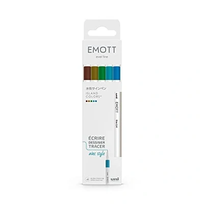 Image de Uni ball Emott Mitsubishi Pencil Pochette de 5 Feutres Island Colors Pour Écrire, Dessiner, Tracer avec Style ! Pointe Fine 0,4 mm Vert, Bleu Ciel, Turquoise, Jaune Fonce, Marron