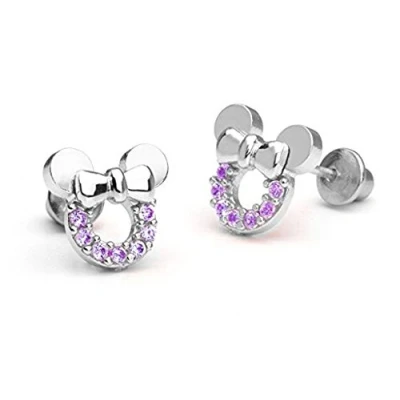 Image de findout Boucles d&#039;oreilles en forme de contours Minnie Mouse, argent sterling avec strass couleur améthyste, pour femmes et filles (f1781)