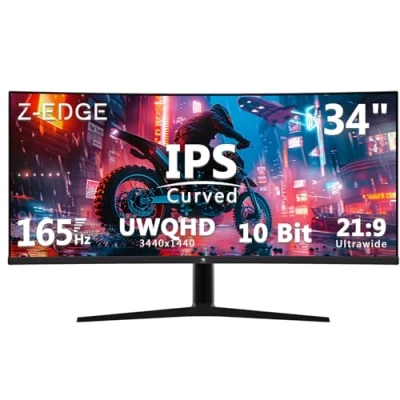 Image de Z Edge Ecran PC Gamer Incurvé 34&#039;&#039;, 3440x1440, 165Hz(DP1.4x2), Dalle IPS, 96% DCI P3, Moniteur Ultrawide 21:9, Hauteur/Inclinaison Réglable, Rotatif, 100Hz (HDMI2.0x2), FreeSync, VESA(DP Câble Inclus)