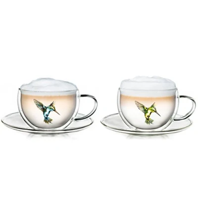 Image de Creano Set de 2 Verres isothermes à Double paroi avec Motif Colibri pour thé, café, Latte Macchiato etc., Verre Ornement Oiseau/Colibri 250ml en boîte Cadeau