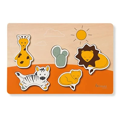 Image de Hauck Puzzle Bebe 1 An N Sort Jouet Bois Bébé à Encastrement (certifié FSC®), Stimulation Motricité Fine et Coordination Œil Main, Formes Animaux, Safari
