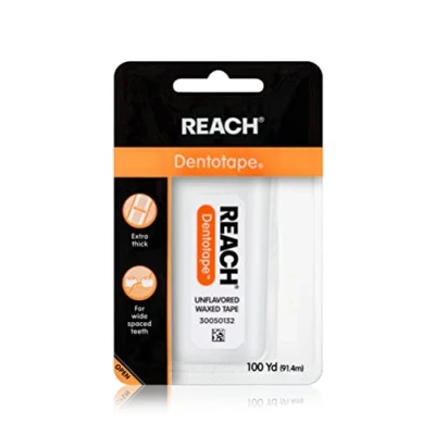 Image de Reach Dentotape Fil dentaire ciré avec surface de nettoyage extra large pour les grands espaces entre dents, non aromatisés, 100 mètres