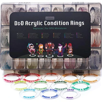 Image de TIDYBOSS DND Accessories Miniatures Anneaux de condition en acrylique 96 marqueurs d&#039;effets statut 24 conditions pour donjons et dragons avec boîte rangement