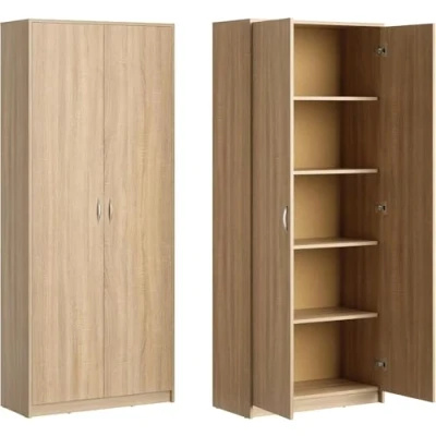 Image de Classeur à 5 compartiments Armoire polyvalente de ménage en finition mate avec 4 étagères et 2 portes, 74 cm large panneau stratifié poignées polymère haute qualité sonoma