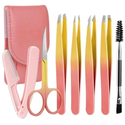 Image de Kit de Pince à Épiler (7 Pièces), épiler en Acier Inoxydable Pour les Sourcils Avec Ciseaux, Rasoir, l&#039;élimination des Poils du Visage, Couleur rose