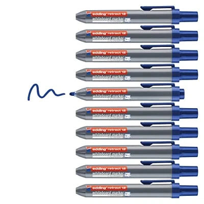 Image de edding retract 12 Marqueur pour tableaux blancs Bleu 10 stylos Pointe ronde 1,5 3 mm sans capuchon une utilisation d&#039;une main sur tableau blanc, magnétique, en liège, mémo et chevalet