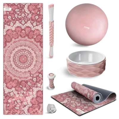 Image de Fitfiu Fitness KITWELL 600 Kit Yoga Rose 6 Accessoires Pilates Qui Comprend Tapis Design Mandala, Brique Yoga, Ballon Gym, Wheel Rouleau de Massage des Pieds, et Ceinture
