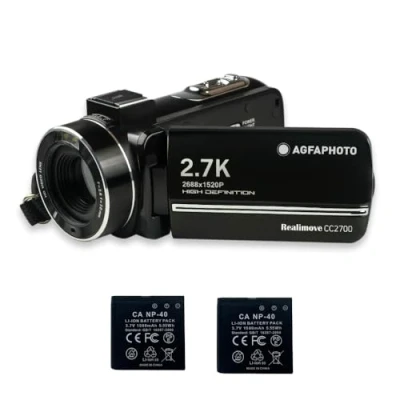 Image de AGFA Photo Realimove CC2700 Caméscope Numérique (2.7K, 24MP, Écran Tactile 3&#039;&#039;, Zoom 18X, Télécommande, Batterie Lithium) Noir avec 2 Batteries
