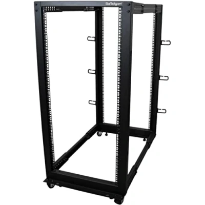 Image de StarTech.com Rack Serveur Mobile 25U 4 Poteaux, Réseau 19&quot; Poteaux avec Roulettes, Profondeur Ajustable pour PC/AV/IT Roulettes/Pieds de nivellement/Fixation au Sol (4POSTRACK25U)