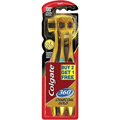 Image de Colgate brosse à dents 360 extra soft or charbon de bois pack 3