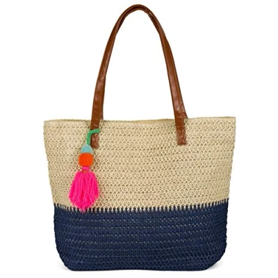 Image de Sac de plage estival léger en papier raphia tressé à rayures bicolores avec longues poignées, une étiquette pompon coloré et fermeture glissière.02012371, couleur:Beige bleu foncé
