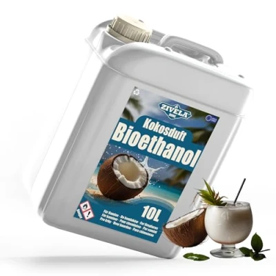 Image de bioéthanol 96,6 % 10 l Alcool bio Parfum noix de coco pour cheminée, cheminée table, au Combustion propre, sans fumée, flamme