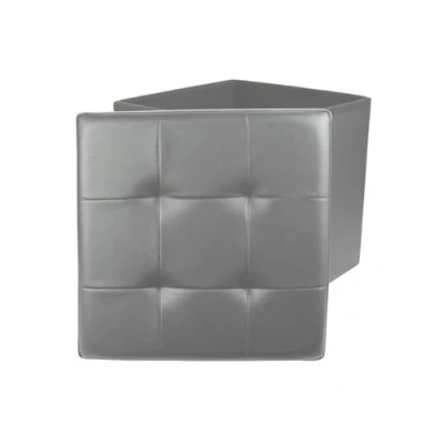 Image de Home Deco Factory HD3401 Pouf Coffre de Rangement Pliable Carré Simili Cuir Capitonné Gris H38 x 38 cm
