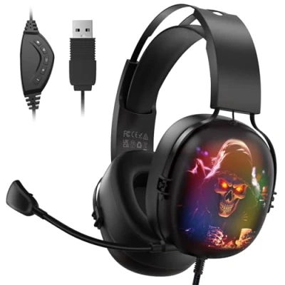 Image de Gvyugke casque de jeu avec son surround 7.1, pour PC, ordinateur portable, USB câble microphone, lumière RVB console PS4/PS5