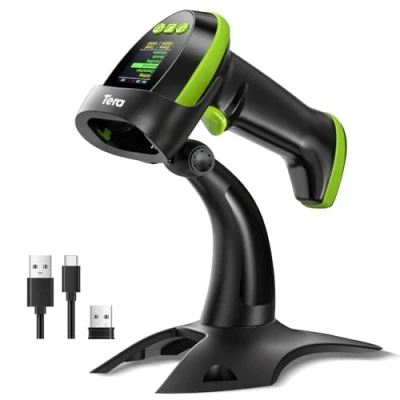 Image de Tera Scanner de Codes Barres sans Fil 2D avec Support : Version Pro écran réglage numérique et Clavier Fonctionne Bluetooth 2.4G Câble USB Extra Rapide Portable HW0009 Z Vert