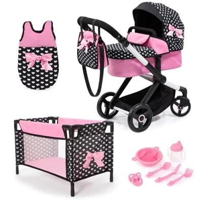 Image de Bayer Design 17060AB Ensemble Poussette pour poupée XEO, poignée réglable, Transformable, Sac de Couchage, lit, Accessoires en Plastique, Noir, Rose